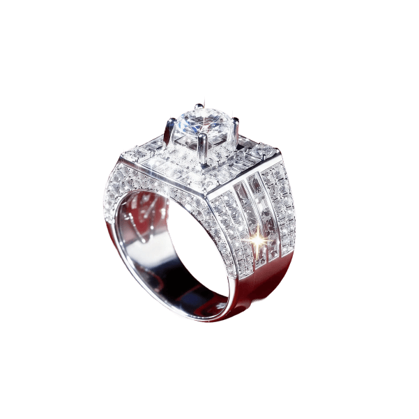 Nhẫn nam vàng trắng 18K, đế vuông vai princess — mã 106 — Đế vuông đính kín, vai xếp princess hàng dọc.
