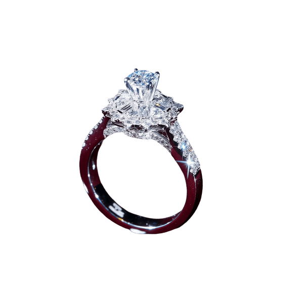 Nhẫn cầu hôn ba viên vàng trắng 18K — mã 148 — Viên chủ ở giữa, hai viên phụ hai bên.