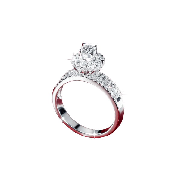 Nhẫn cầu hôn halo vàng trắng 18K, thân pavé — mã 149 — Vành halo quanh viên chủ, thân mảnh đính pavé.