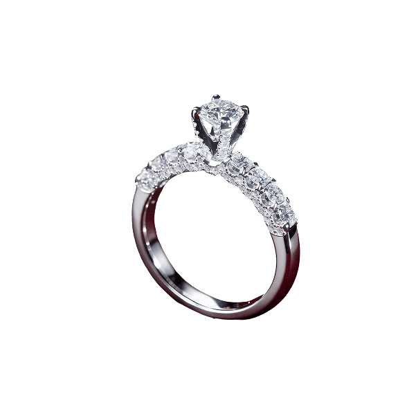 Nhẫn cầu hôn solitaire vàng trắng 18K — mã 151 — Ổ sáu chấu cổ điển, thân đính pavé.